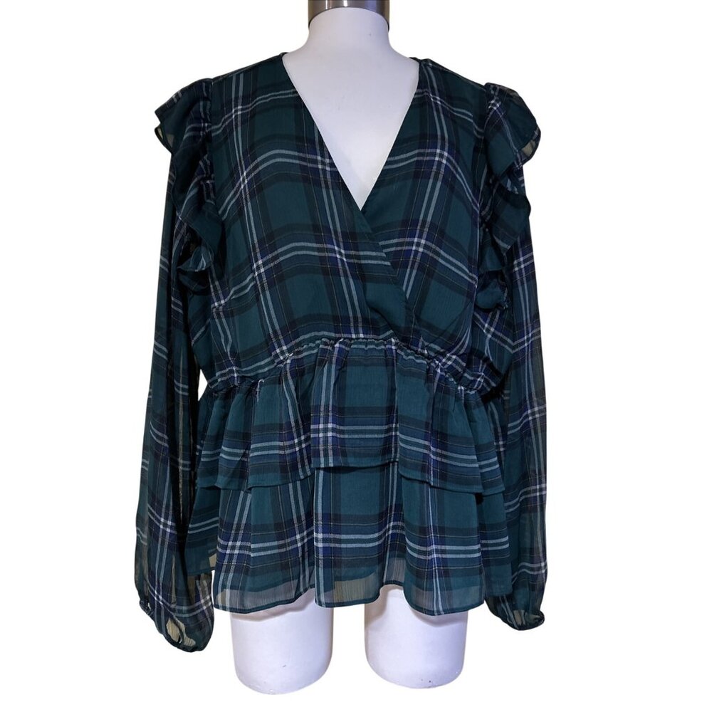 Green Plaid Ruffle Long-Sleeve Wrap Top Lightweight Sheer Fabric With Peplum Des